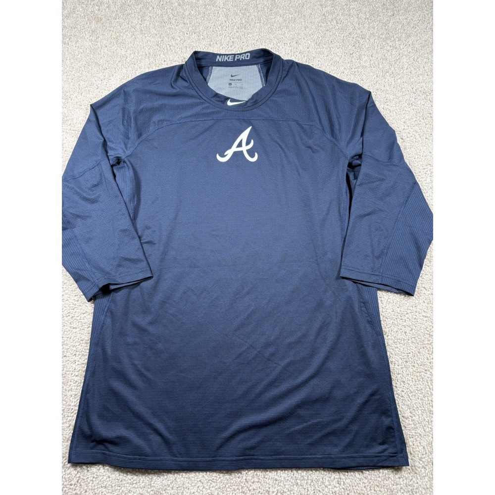 Nike Pro Atlanta Braves Shirt Mens XL Navy Blue 3/4 Sleeve MLB Performance Tee